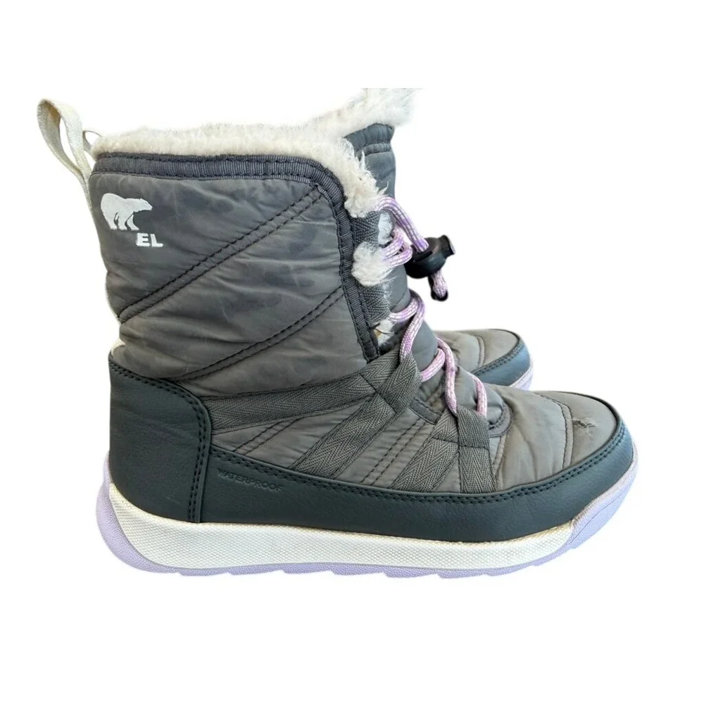 Sorel Whitney II Waterproof Snow Boots Kids Gray Lavender Faux Fur Final Sale